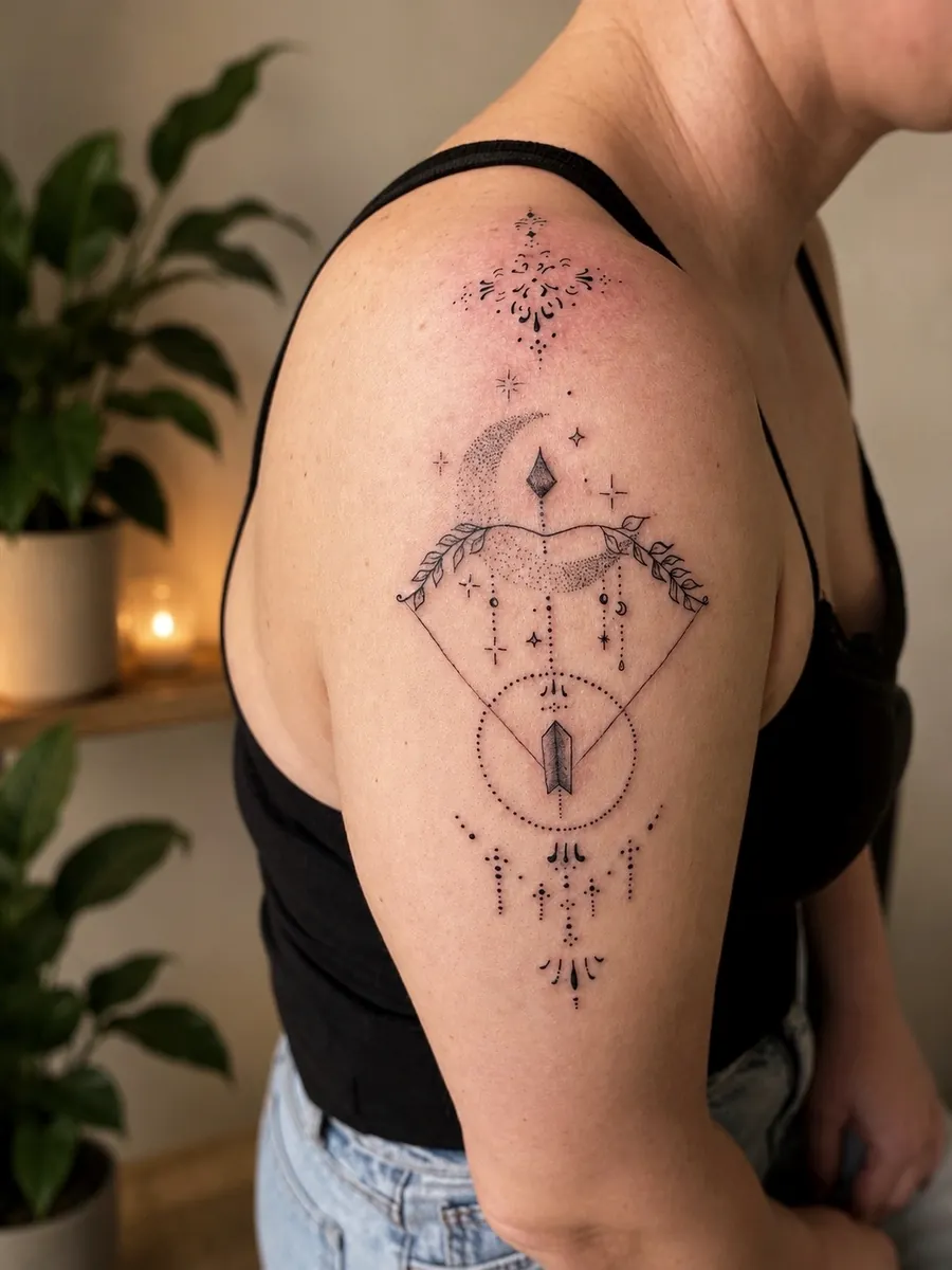 Fineline Ornament Tattoo am Oberarm mit Mond und Pfeil
